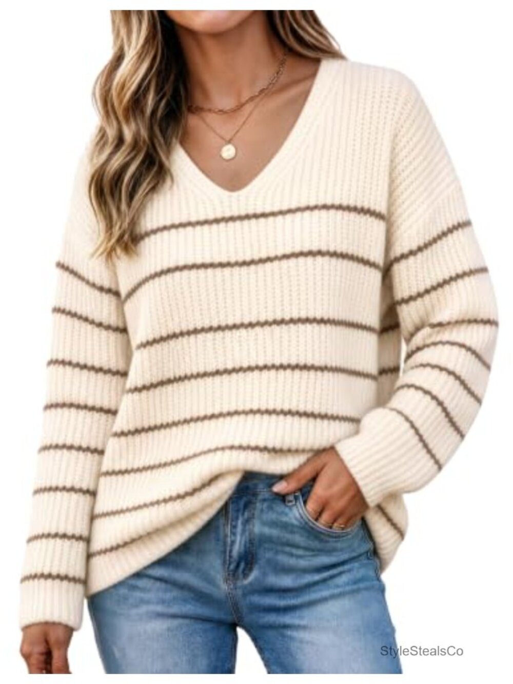 Women's V Neck Long Sleeve Striped Pullover Sweater